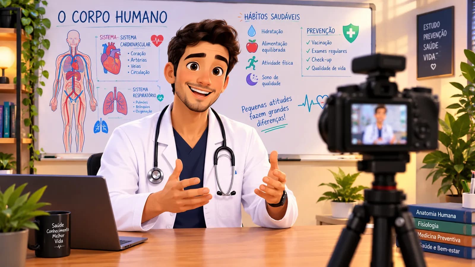 Médico gravando uma vídeo-aula do centro educacional da Neuro Intensivo, com um quadro sobre o corpo humano e hábitos saudáveis ao fundo.