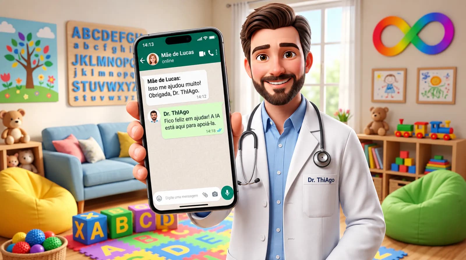 Dr. ThIAgo, o assistente de IA da Neuro Intensivo, mostrando uma conversa de apoio a uma família no WhatsApp.